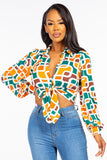 Button-Up Blouse with Tie Front and Collared Neckline