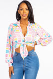Button-Up Blouse with Tie Front and Collared Neckline