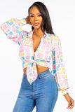 Button-Up Blouse with Tie Front and Collared Neckline