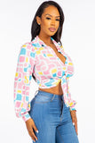 Button-Up Blouse with Tie Front and Collared Neckline