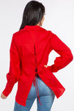 Cotton Oversized Long Sleeve Shirt with Button-Down Front and Lace-Up Back Detail