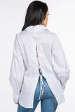 Cotton Oversized Long Sleeve Shirt with Button-Down Front and Lace-Up Back Detail