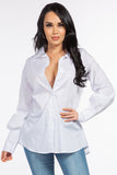 Cotton Oversized Long Sleeve Shirt with Button-Down Front and Lace-Up Back Detail
