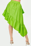 Midi Length High-Low Skirt with Ruffle Hem and Side Zipper."