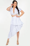 Midi Length High-Low Skirt with Ruffle Hem and Side Zipper."