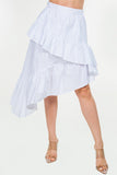 Midi Length High-Low Skirt with Ruffle Hem and Side Zipper."