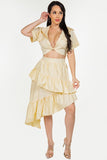Midi Length High-Low Skirt with Ruffle Hem and Side Zipper."