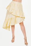 Midi Length High-Low Skirt with Ruffle Hem and Side Zipper."