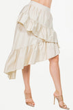 Midi Length High-Low Skirt with Ruffle Hem and Side Zipper."