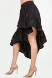 Midi Length High-Low Skirt with Ruffle Hem and Side Zipper."