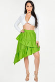 Midi Length High-Low Skirt with Ruffle Hem and Side Zipper.