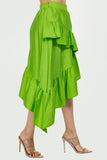 Midi Length High-Low Skirt with Ruffle Hem and Side Zipper."