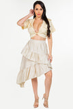 Midi Length High-Low Skirt with Ruffle Hem and Side Zipper."