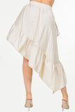 Midi Length High-Low Skirt with Ruffle Hem and Side Zipper."