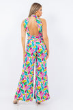 Floral Print Halter Neck Jumpsuit with Open Back and Self Belt
