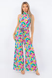 Floral Print Halter Neck Jumpsuit with Open Back and Self Belt