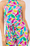Floral Print Halter Neck Jumpsuit with Open Back and Self Belt