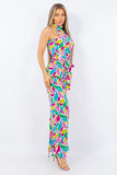 Floral Print Halter Neck Jumpsuit with Open Back and Self Belt