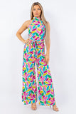 Floral Print Halter Neck Jumpsuit with Open Back and Self Belt