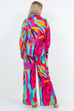 Printed Wide Leg Pants Set with Long Sleeve Button-Down Blouse and Elastic Back Pants