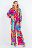 Printed Wide Leg Pants Set with Long Sleeve Button-Down Blouse and Elastic Back Pants