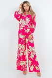 Printed Wide Leg Pants Set with Long Sleeve Button-Down Blouse and Elastic Back Pants