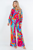 Printed Wide Leg Pants Set with Long Sleeve Button-Down Blouse and Elastic Back Pants