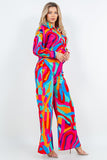 Printed Wide Leg Pants Set with Long Sleeve Button-Down Blouse and Elastic Back Pants