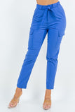 Stretch Skinny Leg Cargo Pants with Zipper Front, Elastic Back, and Self Belt