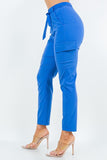 Stretch Skinny Leg Cargo Pants with Zipper Front, Elastic Back, and Self Belt