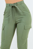 Stretch Skinny Leg Cargo Pants with Zipper Front, Elastic Back, and Self Belt