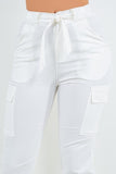 Stretch Skinny Leg Cargo Pants with Zipper Front, Elastic Back, and Self Belt