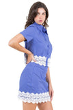 Striped Skirt Set with Lace Hem and Button-Down Blouse