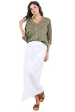 Linen V-Neck Button-Down Blouse with Front Pockets
