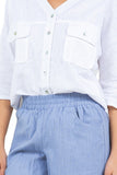 Linen V-Neck Button-Down Blouse with Front Pockets