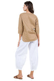 Linen V-Neck Button-Down Blouse with Front Pockets
