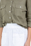 Linen V-Neck Button-Down Blouse with Front Pockets