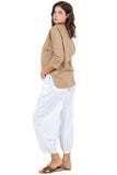 Linen V-Neck Button-Down Blouse with Front Pockets