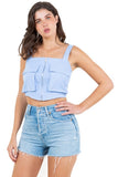 Linen Crop Top with Front Zipper, Cargo Pockets, and Elastic Back