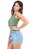 Linen Crop Top with Front Zipper, Cargo Pockets, and Elastic Back