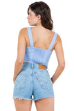 Linen Crop Top with Front Zipper, Cargo Pockets, and Elastic Back