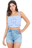 Linen Crop Top with Front Zipper, Cargo Pockets, and Elastic Back