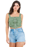 Linen Crop Top with Front Zipper, Cargo Pockets, and Elastic Back