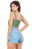Linen Crop Top with Front Zipper, Cargo Pockets, and Elastic Back
