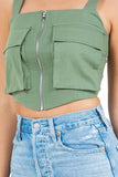Linen Crop Top with Front Zipper, Cargo Pockets, and Elastic Back