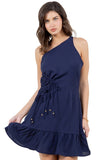 One-Shoulder Short Dress with Side Drawstrings and Ruffle Hem