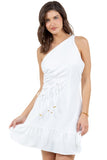 One-Shoulder Short Dress with Side Drawstrings and Ruffle Hem