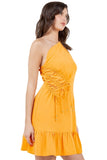 One-Shoulder Short Dress with Side Drawstrings and Ruffle Hem
