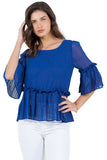 Round Neck Top with Bell Sleeves and Ruffle Hem