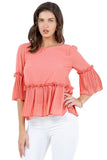Round Neck Top with Bell Sleeves and Ruffle Hem